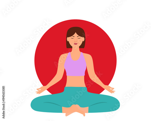 Asian girl is doing yoga. A young girl sits in a lotus position on the background of the flag of Japan