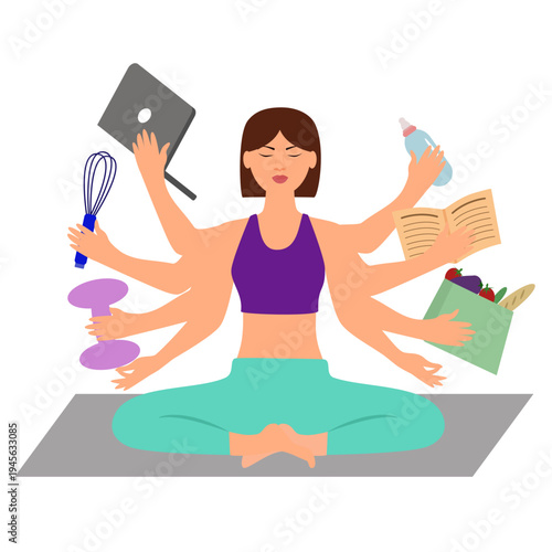 Asian multitasking woman in lotus position