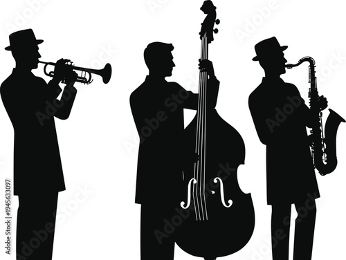 Jazz band musician silhouettes playing trumpet, double bass and saxophone, classic live music performance vector illustration isolated on white background