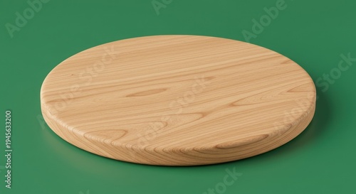 Aesthetic presentation of a light wooden circular platform on green background studio setup