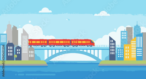 Red Train Crossing Blue Bridge Cityscape.