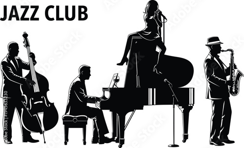 Jazz club band silhouettes with singer, pianist, saxophonist and double bass player performing live music on stage, classic jazz concert vector illustration