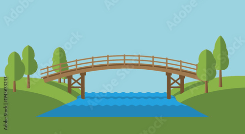 Red Wooden Bridge over Blue River.
