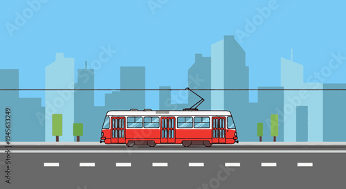 Red Trolleybus on City Roadway.
