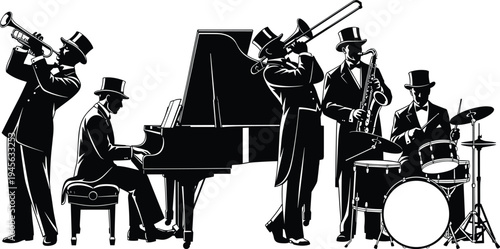 Jazz band musicians silhouettes performing with trumpet, trombone, saxophone, piano and drums, classic live music orchestra stage performance vector illustration set