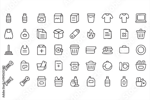 Waste sorting and sustainability outline icons for green lifestyle design projects