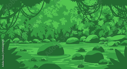 River Rocks Stones Water Forest Landscape Scene.