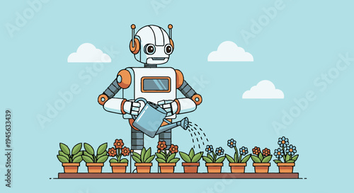 Robot Watering Plants in Potted Garden.