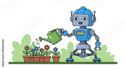 Robot Watering Plants with Green Can.