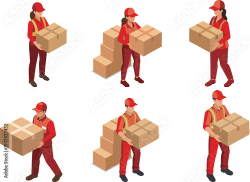 荷物を運ぶ配達員・作業員のアイソメトリックイラストセット（物流・配送・引っ越し）、赤系