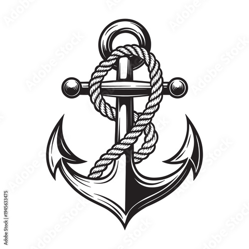 A detailed Black and White Anchor silhouette with Rope, set against a clean white background, perfect for nautical themes and designs.