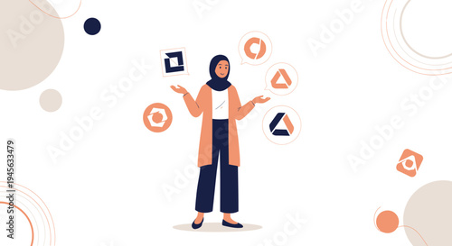 Muslim Woman Juggling Geometric Shapes, Modern Business Concept