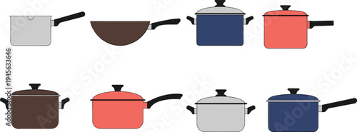 Kitchen cookware collection with cooking pots, saucepans and frying pan set, colorful household cooking utensils vector illustration isolated on white background