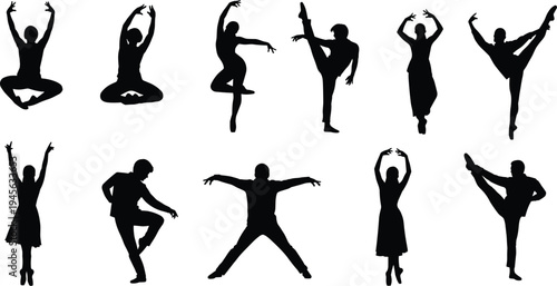 Black and blue silhouette icon set of ballet and contemporary dancers, graceful people performing dance moves vector illustration, athletic poses, isolated white background