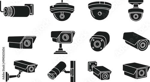 Black and blue silhouette icon set of security cameras, CCTV surveillance equipment vector, private property monitoring system symbols, digital safety graphics, white background