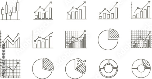 A collection of monochrome line art icons depicting various financial charts, graphs, and diagrams for data visualization.