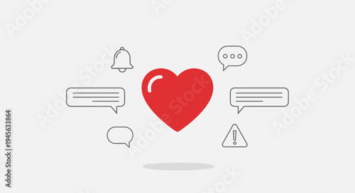 Red Heart Icon with Social Media Notifications and Chat Bubbles on White Background