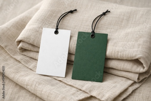 Blank White and Green Paper Tags With Black Strings Resting on a Stack of Light Natural Linen Fabric for a Clean Product Display