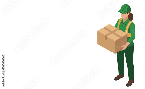 荷物を運ぶ配達員・作業員のアイソメトリックイラスト（物流・配送・引っ越し）、グリーン系