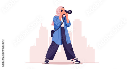 Muslim Woman Photographer Capturing Cityscape with Camera
