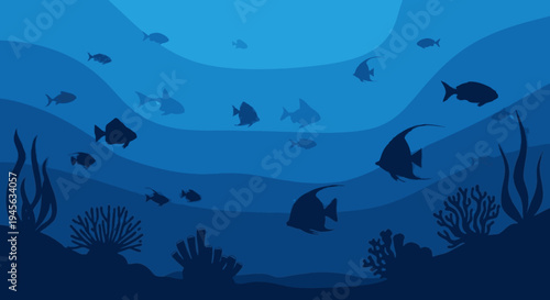 School of Fish Swimming Underwater Silhouette.