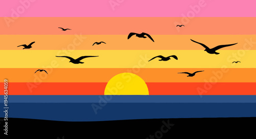 Seagulls Flying at Sunset over Ocean Waves.