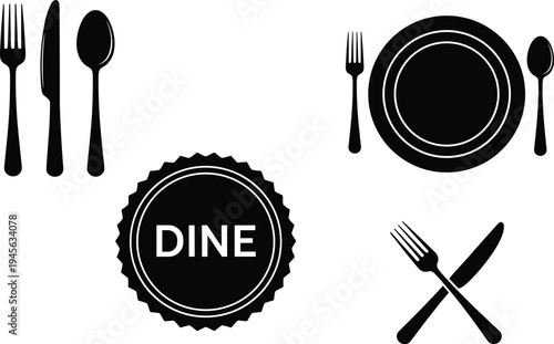 Dining utensils silhouettes, fork knife spoon icons, restaurant branding emblem, culinary tableware illustration, food service design elements, kitchen cutlery vector, dine logo concept art