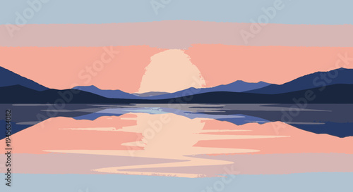 Serene Lake Landscape with Mountains at Sunset.