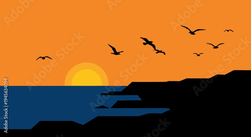 Seagulls Flying Over Ocean at Sunset.