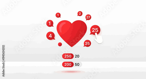 Red Heart Icon with Social Media Likes and Counters - Love and Engagement Concept