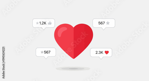 Red Heart Icon with Social Media Likes and Followers Counts on Grey Background