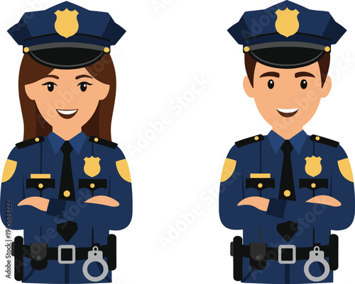Male and female police officer cartoon characters standing confidently in uniform, law enforcement illustration representing public safety, security service, authority, and pr