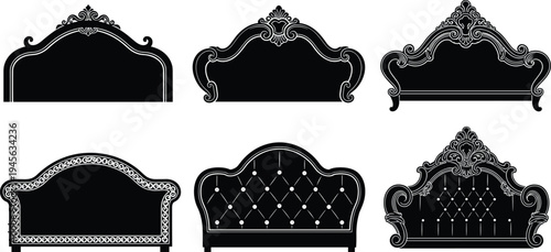 Luxury vintage sofa backrest silhouettes collection with ornate baroque furniture designs, classic upholstered couch headboard shapes vector illustration isolated on white background
