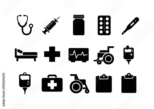 Medical healthcare tools: stethoscope, medical syringe, pill bottle, blister pack tablets, hospital bed, medical cross symbol, heart monitor screen, thermometer, IV drip bag, first aid kit
