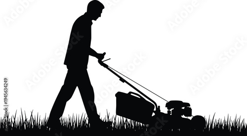 Man mowing lawn silhouette with grass cutter machine, gardener working outdoors, black and white vector illustration isolated on white background