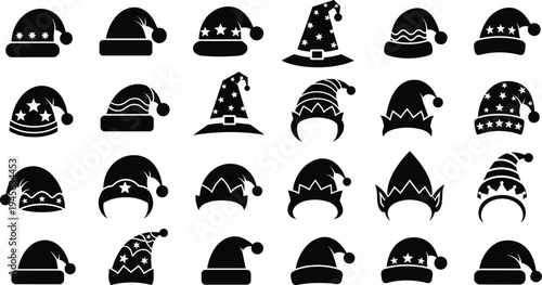 Festive holiday hats silhouette collection, Christmas Santa hats, elf hats, wizard hats, decorative seasonal headwear icon set for celebration, costume, party, winter design, festive illustration