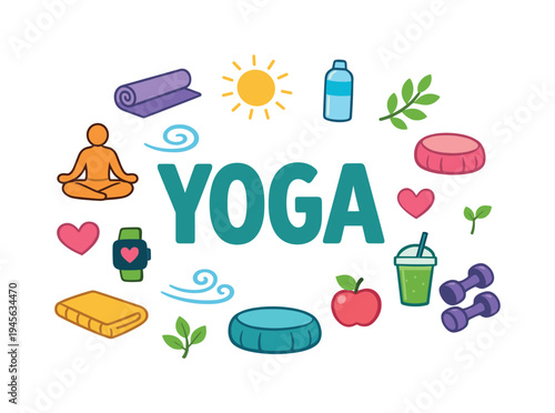 Yoga and wellness icons surrounding the word YOGA, promoting healthy lifestyle. A vibrant collection of cartoon-style icons representing yoga, fitness, and healthy living, centered