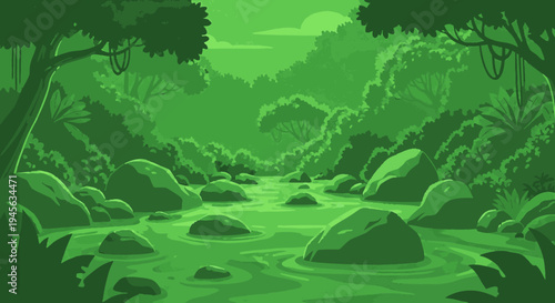 Serene River Scene with Rocks and Trees.