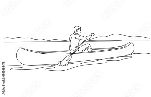 A single continuous line drawing of a man overcoming the distance on a canoe. 