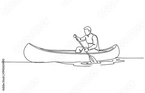 A single continuous line drawing of a man overcoming the distance on a canoe. 