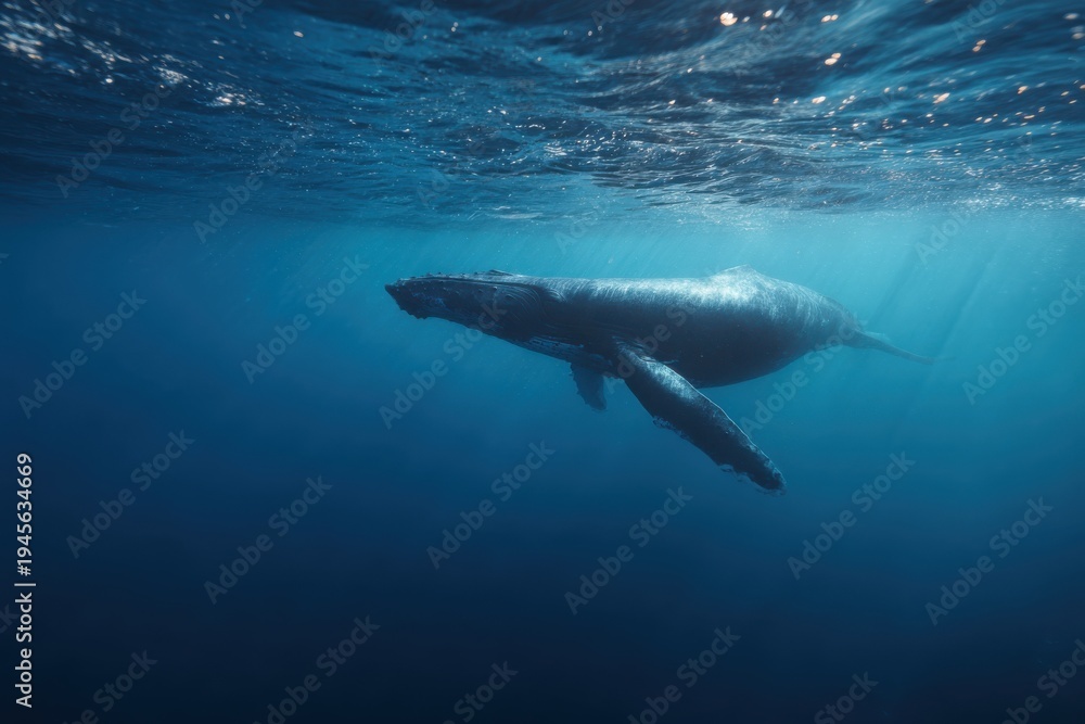 Obraz premium Calm Marine Life Display. Tranquil Sea Setting With Gleaming Ripples And Graceful Humpback Whale