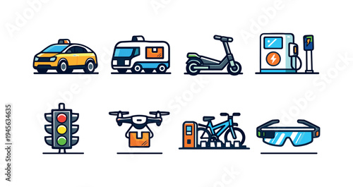 Modern transportation icons: taxi, drone, scooter, bike, and smart glasses. A collection of modern transportation and technology icons including a yellow taxi, delivery van
