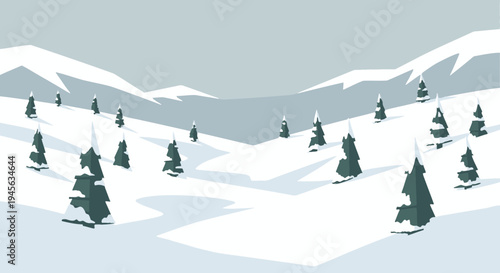 Snowy Landscape with Evergreen Trees Illustration.