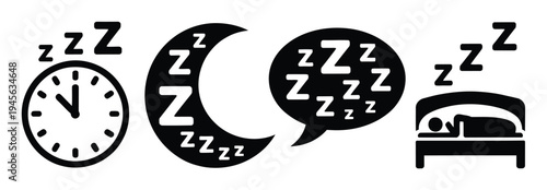 Representing sleep: clock, moon, speech bubble, and bed