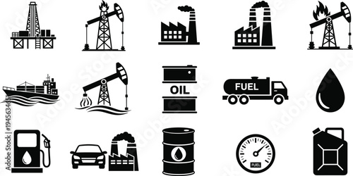 Oil industry silhouettes, fuel icons vector, drilling rig illustration, refinery factory design, tanker ship transport, pump jack cutout, petroleum energy symbols, jerrycan gauge emblem art