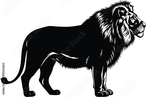 Majestic male lion stands in profile, showcasing its detailed mane and powerful muscular body against a bright background.