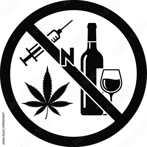 No drugs alcohol marijuana prohibition symbol, anti substance abuse icon, health campaign graphic, restriction sign illustration for prevention, awareness, education, safety, public health design