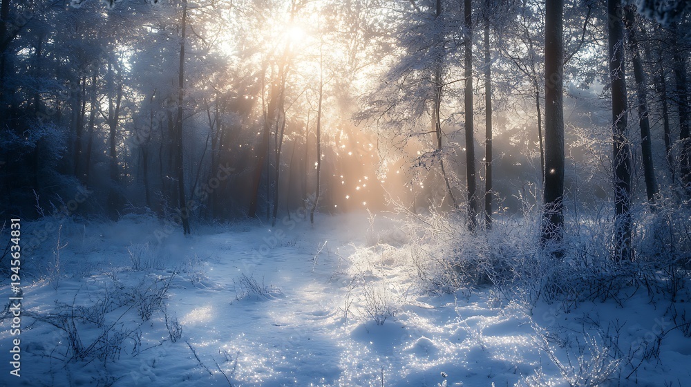 Fototapeta premium Winter forest scene with snow covered ground and sun shining through trees