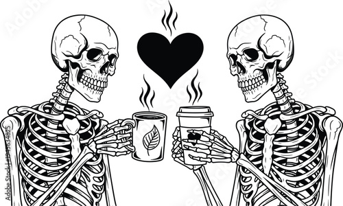 Skeletons drinking coffee silhouette, love heart vector, spooky romance illustration, gothic companionship design, Halloween couple art, steaming cup symbol, black white eerie graphic