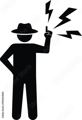 Silhouette of a mysterious detective figure wearing a fedora hat points upward, generating bright electric sparks.